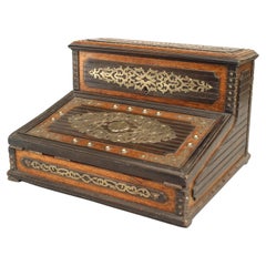 19th Century English Victorian Oak Lap Desk Box with Brass Filigree
