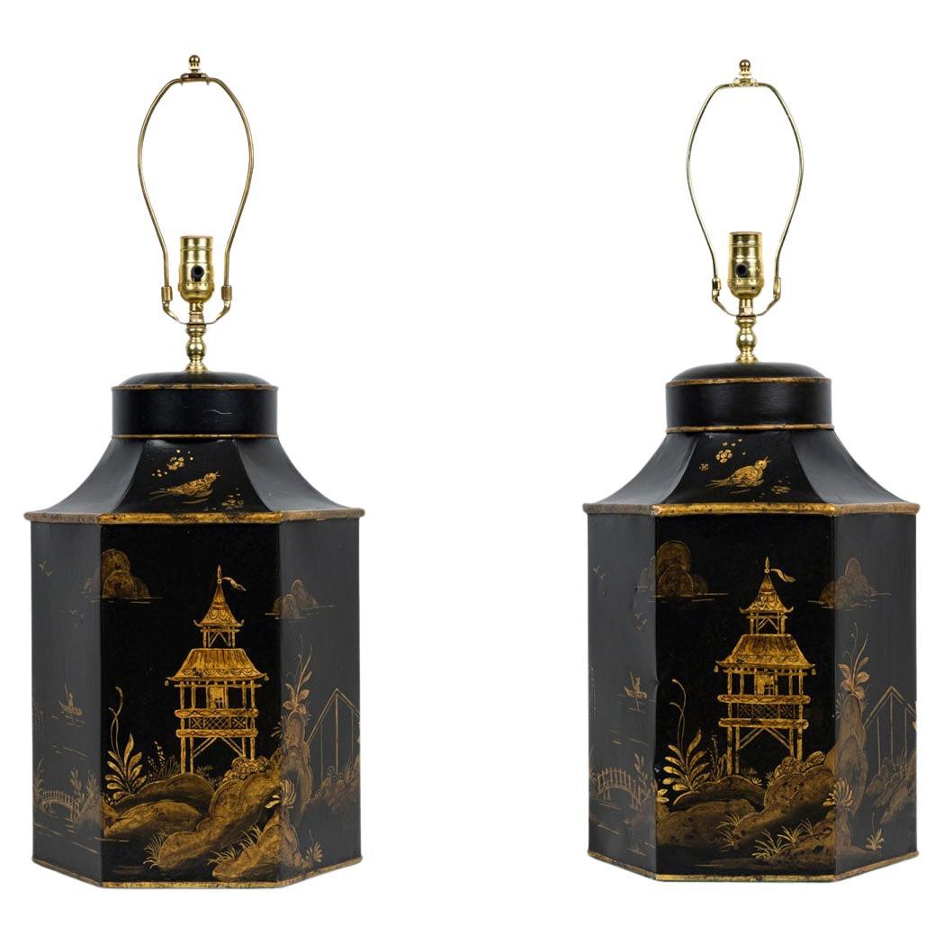 Pair of English Regency Chinoiserie Table Lamps, Black and Gold