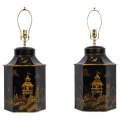 Pair of English Regency Chinoiserie Table Lamps, Black and Gold