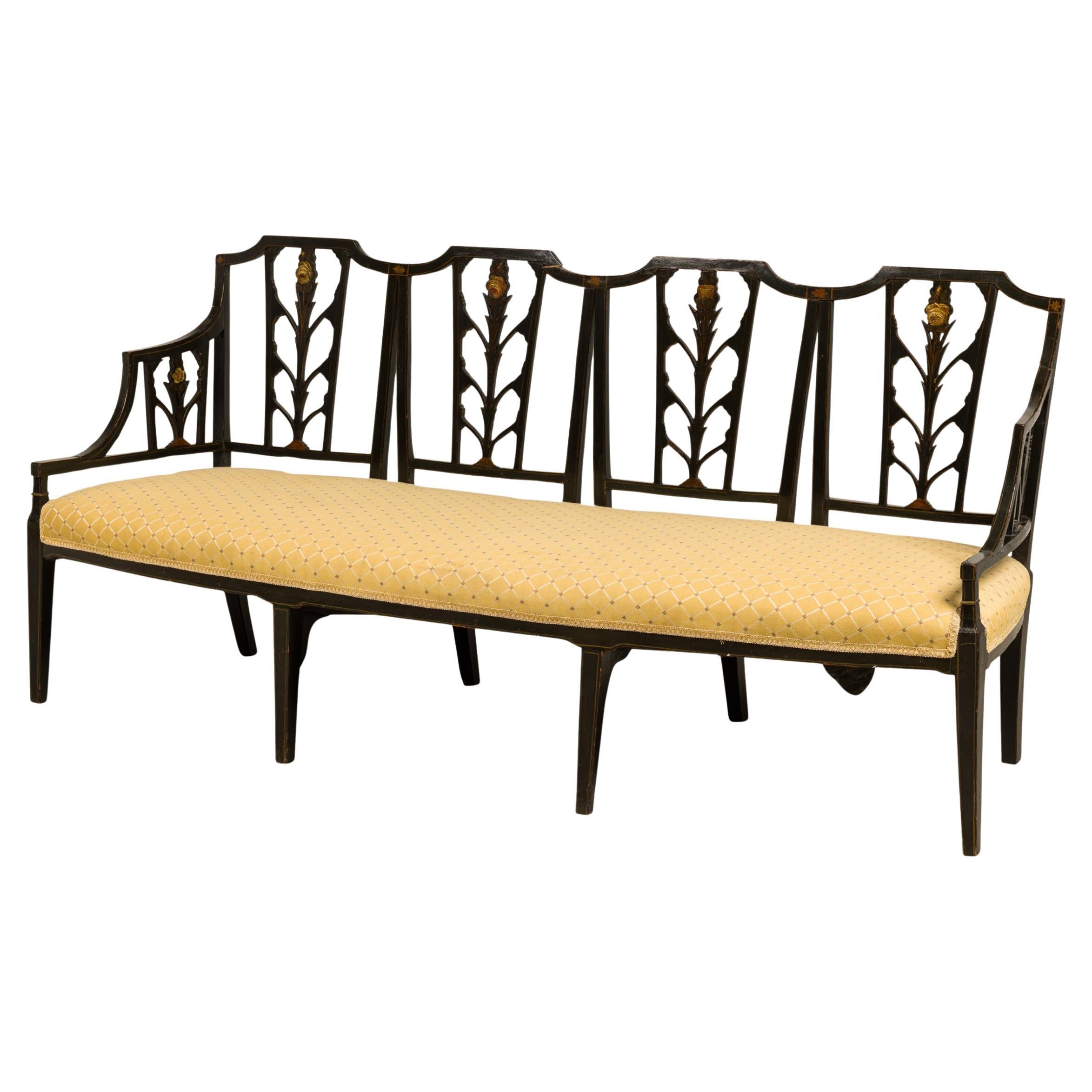 Divanetto Sheraton inglese del XIX secolo, laccato nero, cuscino beige in vendita