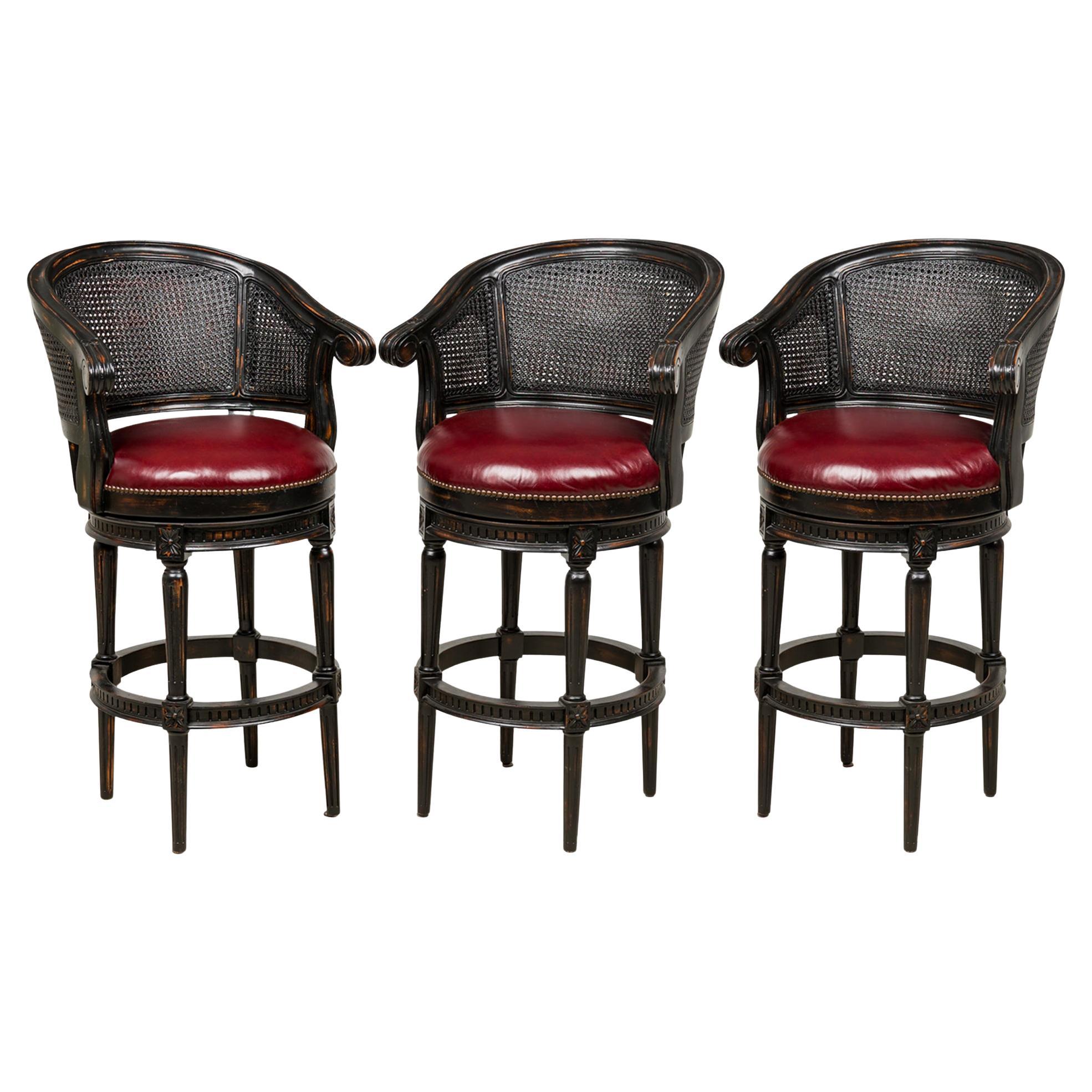 Set of 3 Mid-Century French Swivel Stools with Red Leather Seats