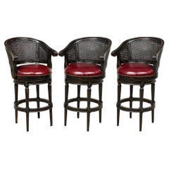 Set of 3 Mid-Century French Swivel Stools with Red Leather Seats