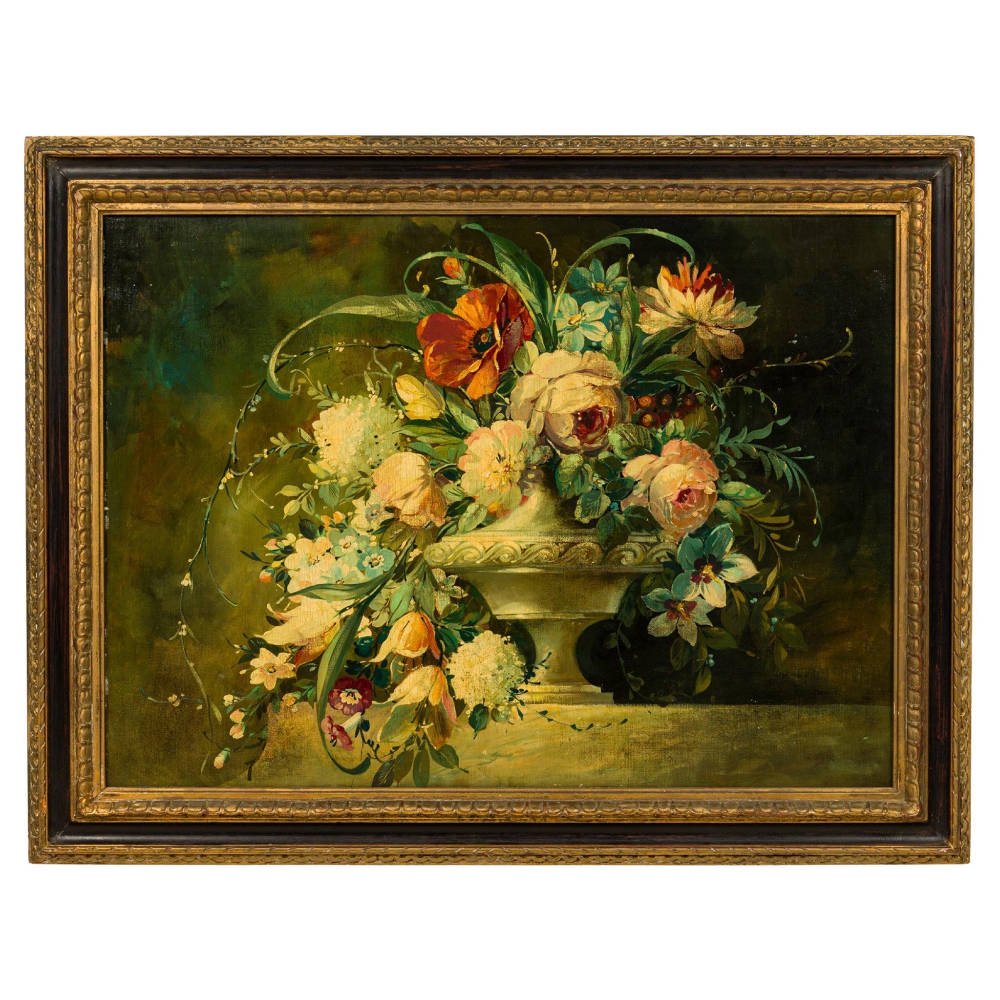 19th Century French Victorian Still Life: Bouquet in White Urn For Sale