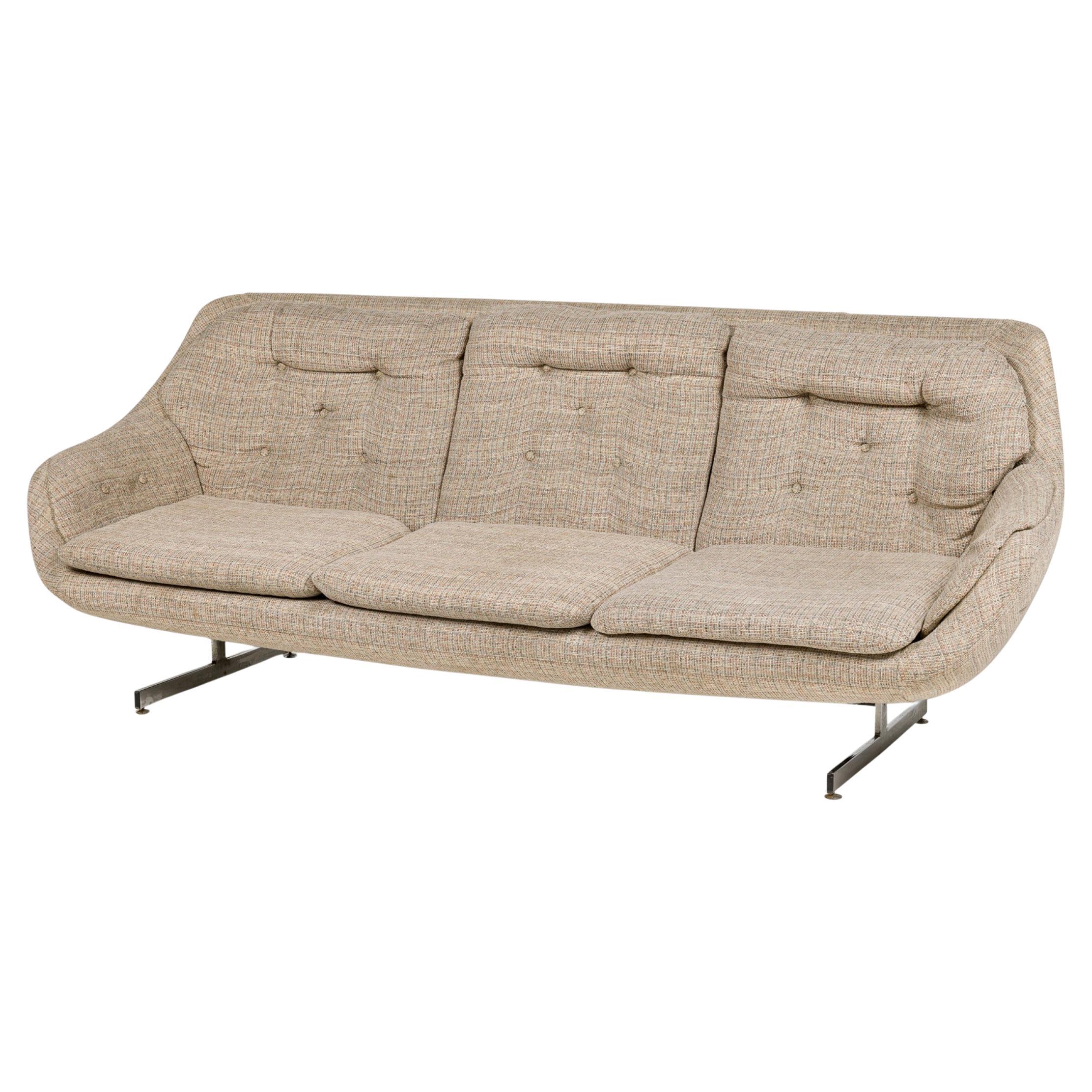 Swedish Mid-Century Modern 3-Seat Sofa, Off-White Tweed, Chrome Base For Sale