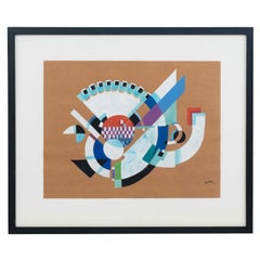 Moderne abstrakte Gouache-Malerei, 20. Jahrhundert, gerahmtes Kunstwerk