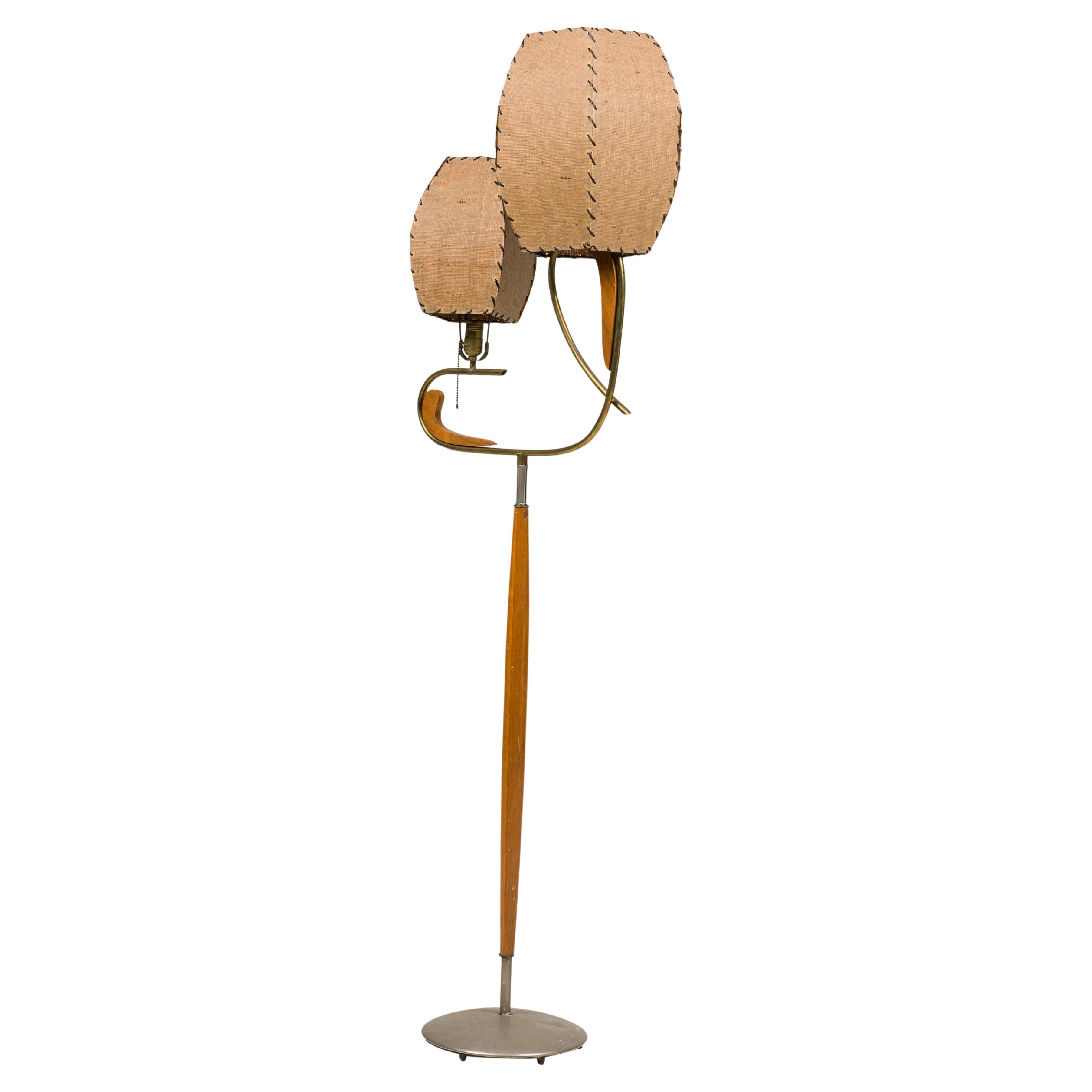 Mid-Century Brass & Walnut Floor Lamp with Curved Neck Design
