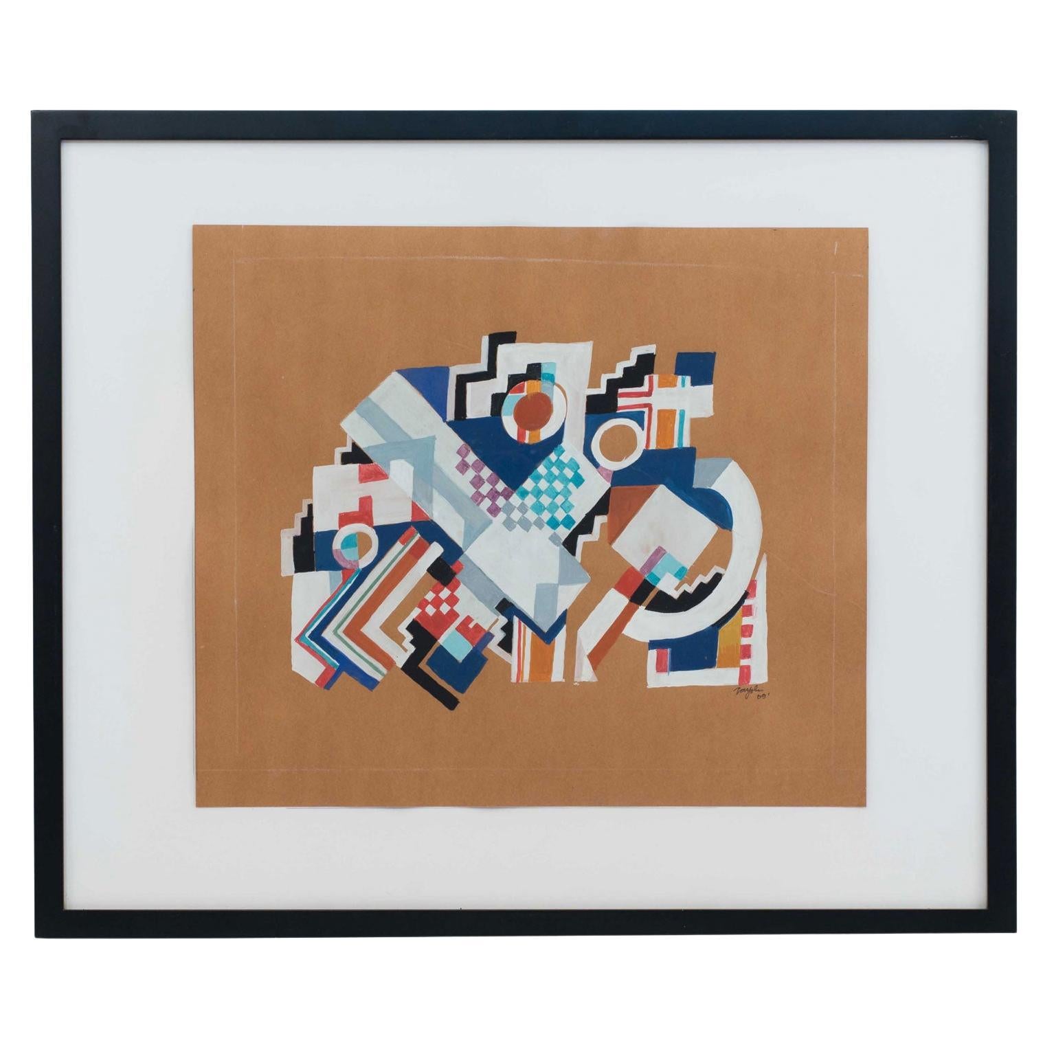 Modern Abstract Gouache Painting, 20th Century, Framed Artwork For Sale