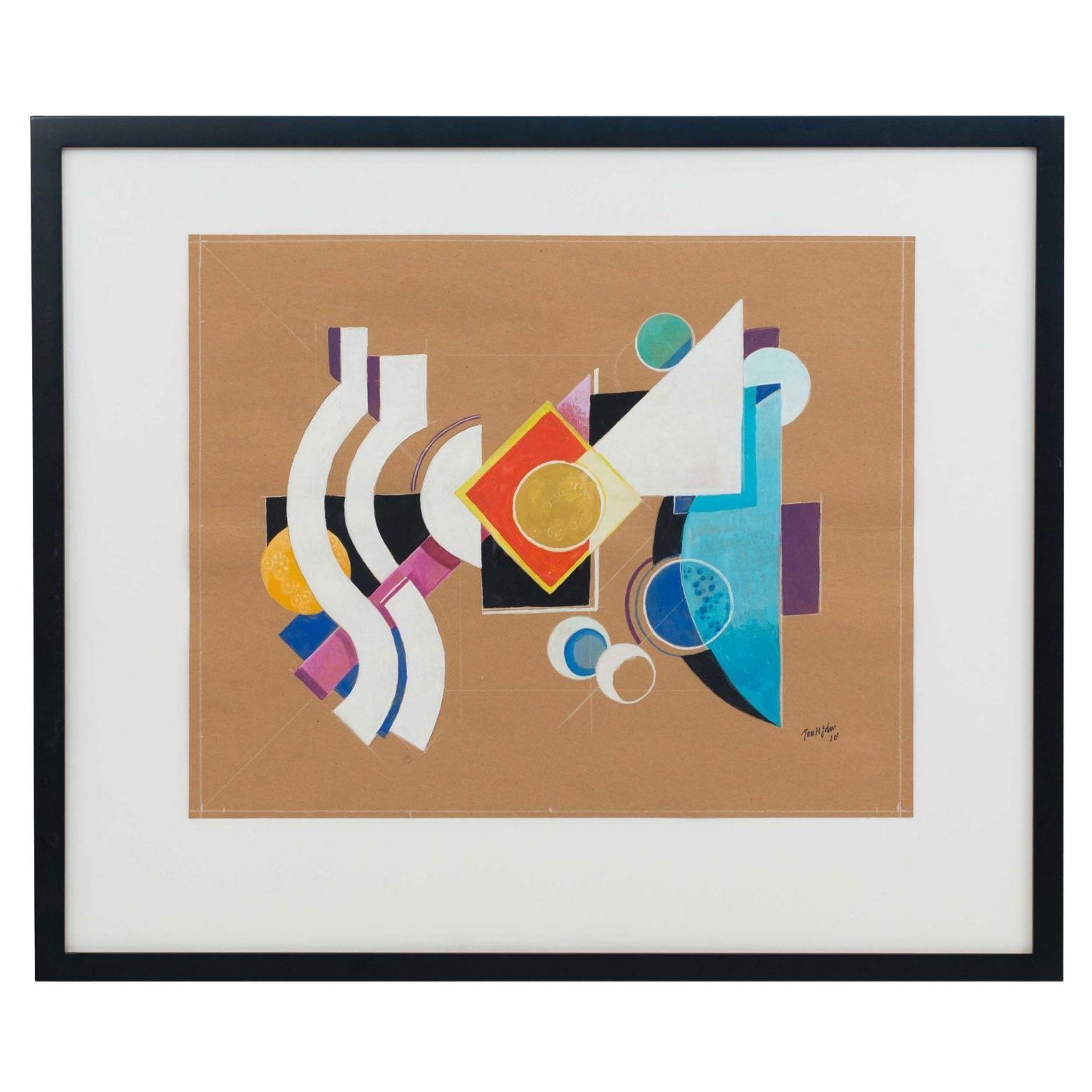 Pintura moderna abstracta al gouache, siglo XX, obra enmarcada en venta