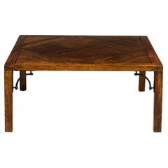 Contemporary Coffee Table, Wooden Parquetry Top, Metal Supports, USA