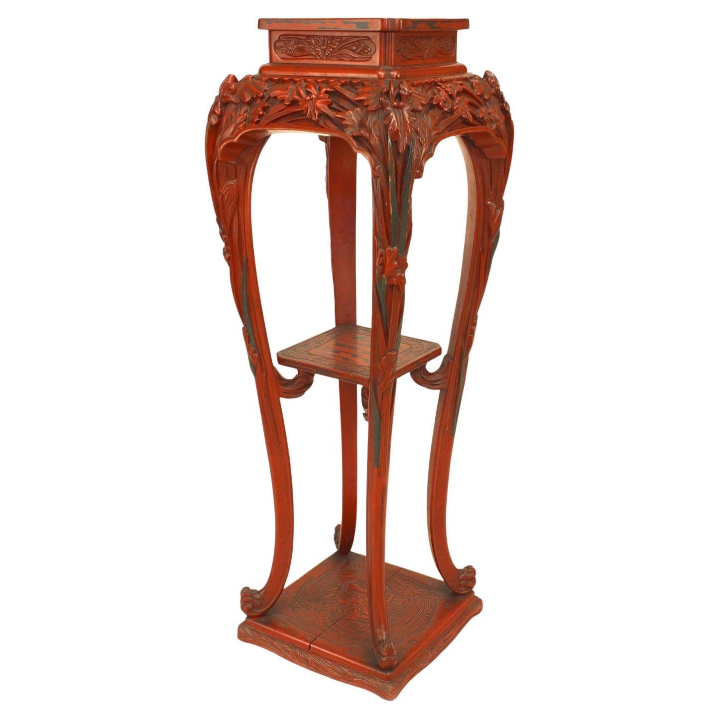 French Art Nouveau Lacquered Pedestal Table with Floral Carving