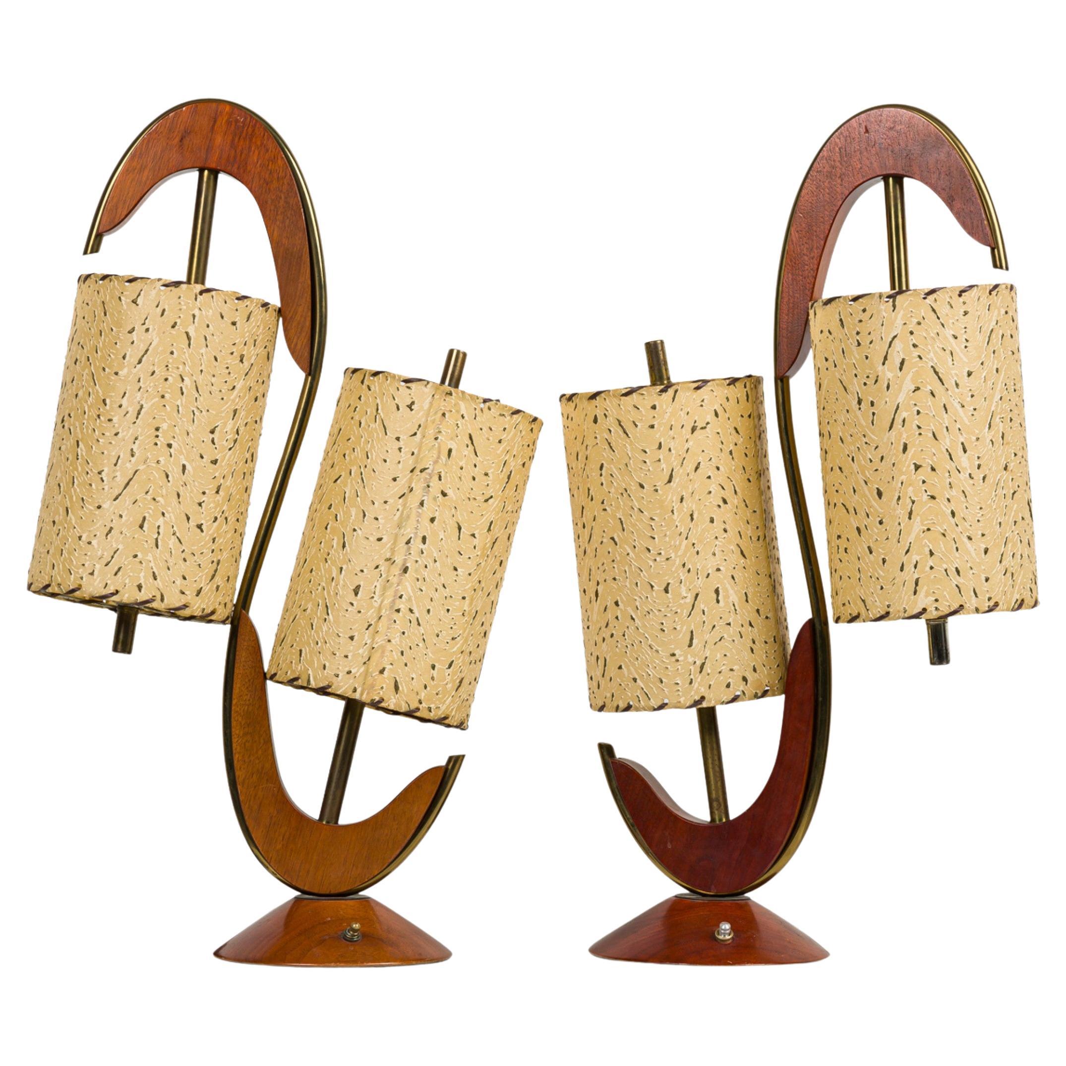 Mid-Century Modern Brass and Walnut Table Lamps, 1960s Pair For Sale