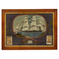 Victorian Woolie Embroidery of Clipper Ship Arthusa in Maple Frame
