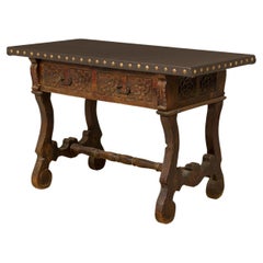 English Jacobean-Style Carved Mahogany Console Table, Leather Top, UK