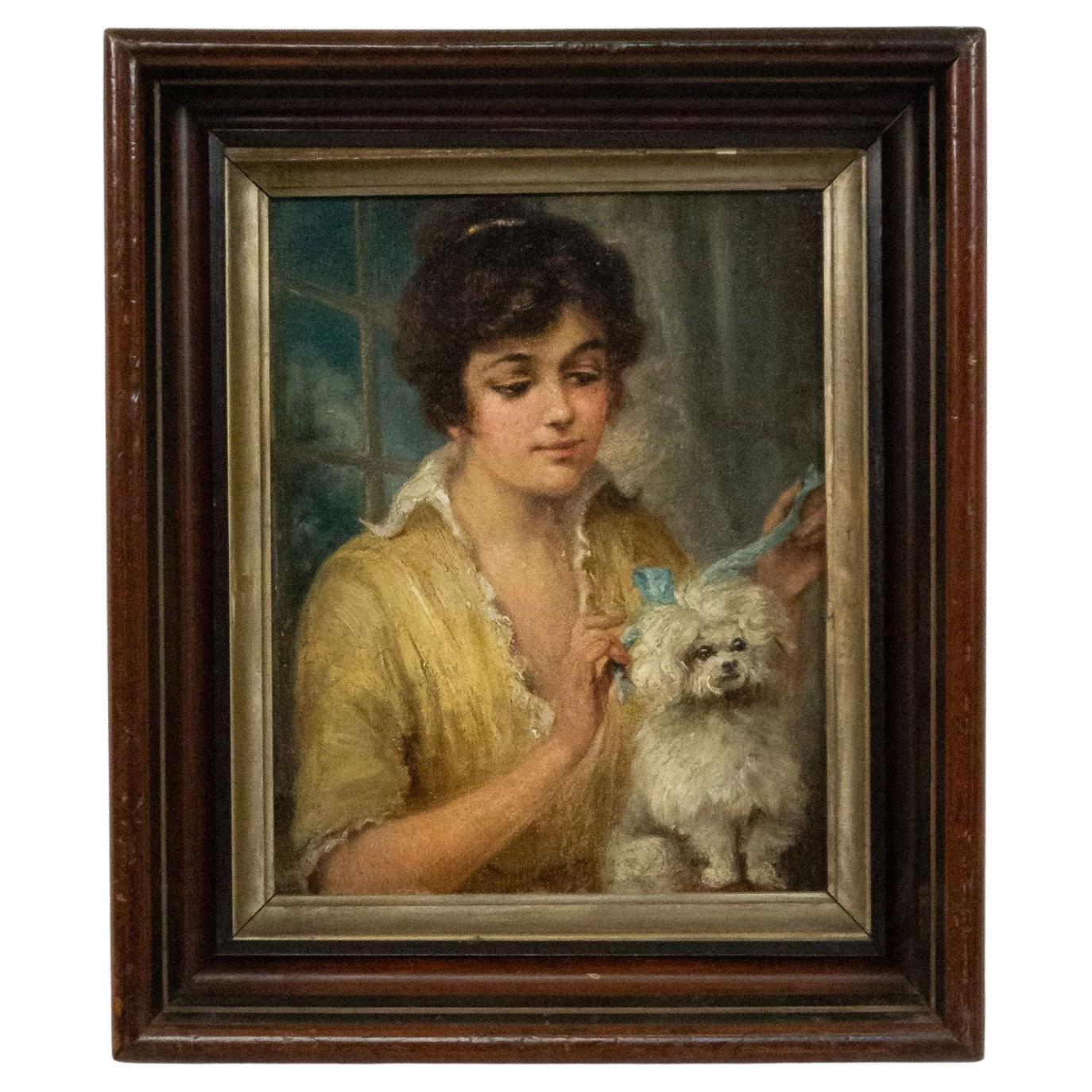French Victorian Oil Painting Portrait of Lady & Poodle, 19th Century For Sale