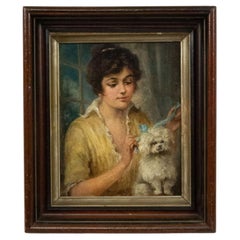 French Victorian Oil Painting Portrait of Lady & Poodle, 19th Century
