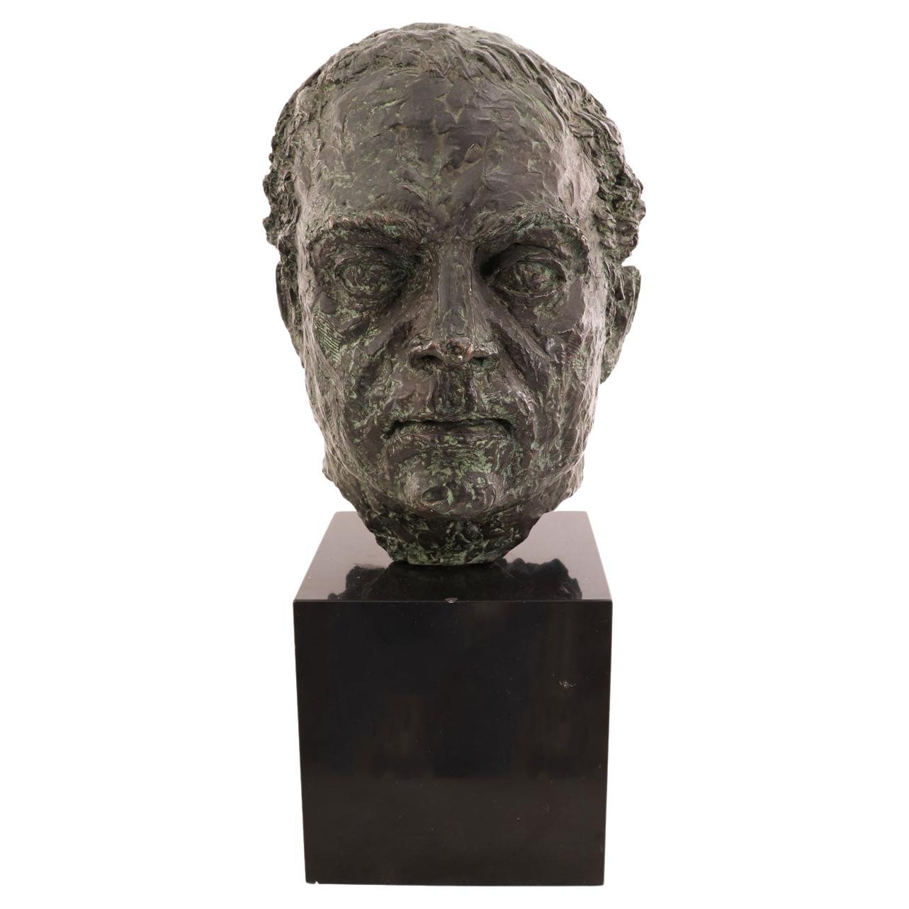 Mid-Century Modern Bronze Bust Sculpture by H. Haas, Marble Base, USA