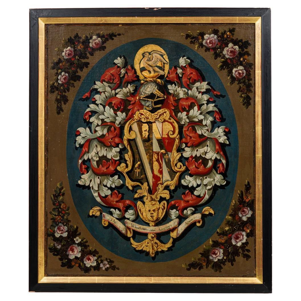 Drapeau héraldique de la Renaissance anglaise, huile sur toile, XIXe siècle, encadré en vente