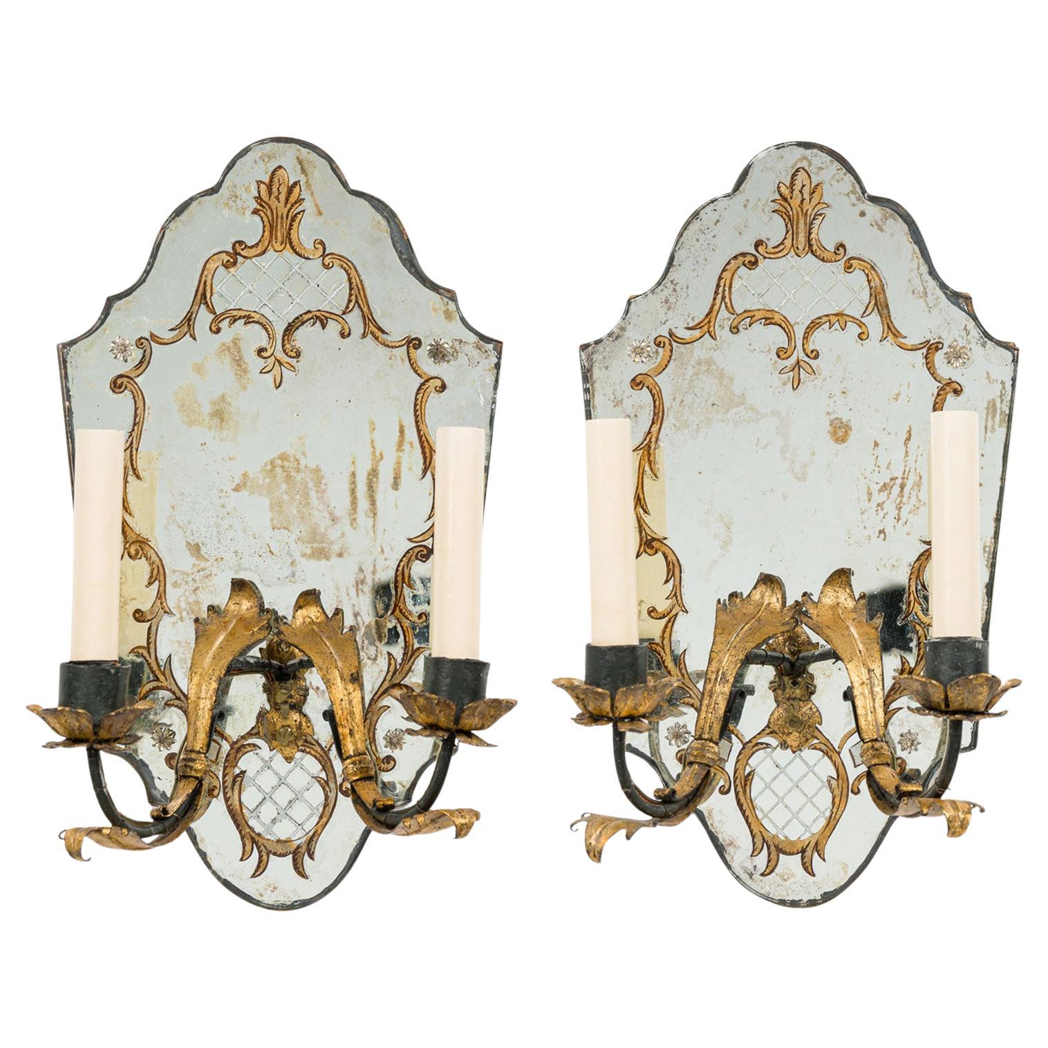 1930s French Mid-Century Mirrored Wall Sconces with Etched Glass