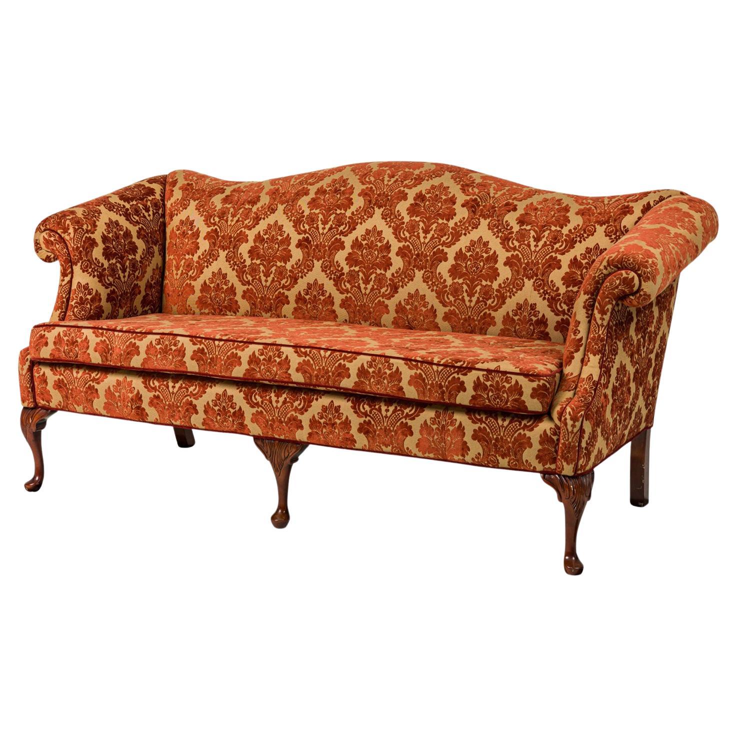 Georgian Style Sofa in Red and Gold Damask Upholstery, Carved Mahogany For Sale