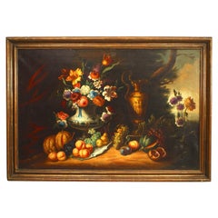 Peinture à l'huile victorienne représentant une nature morte avec un vase et des fruits, dans un cadre doré