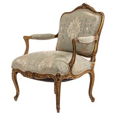 Antique French Louis XV Gilt Carved Armchair with Damask Upholstery