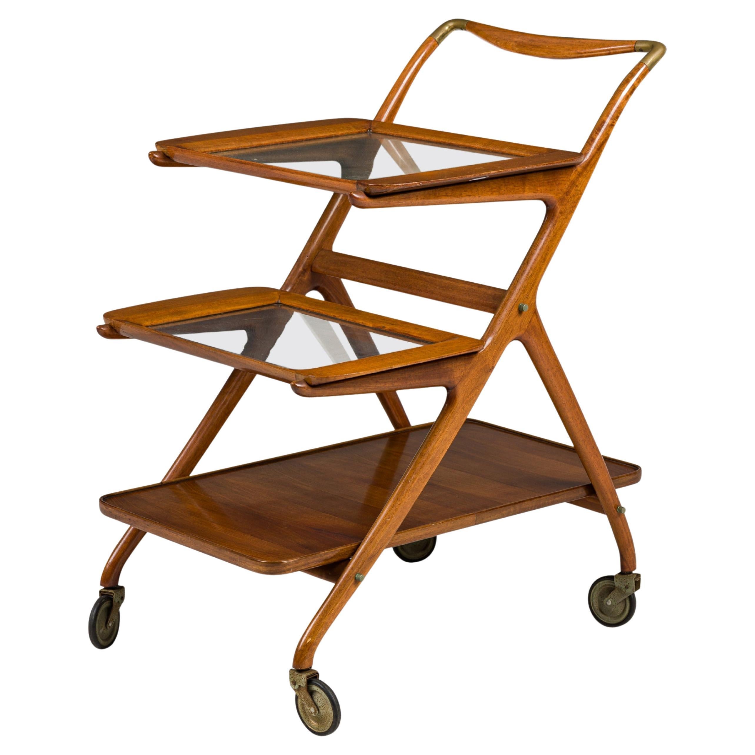Ico Parisi Mid-Century Modern 3-Tier Rolling Bar Cart, Glass & Walnut For Sale