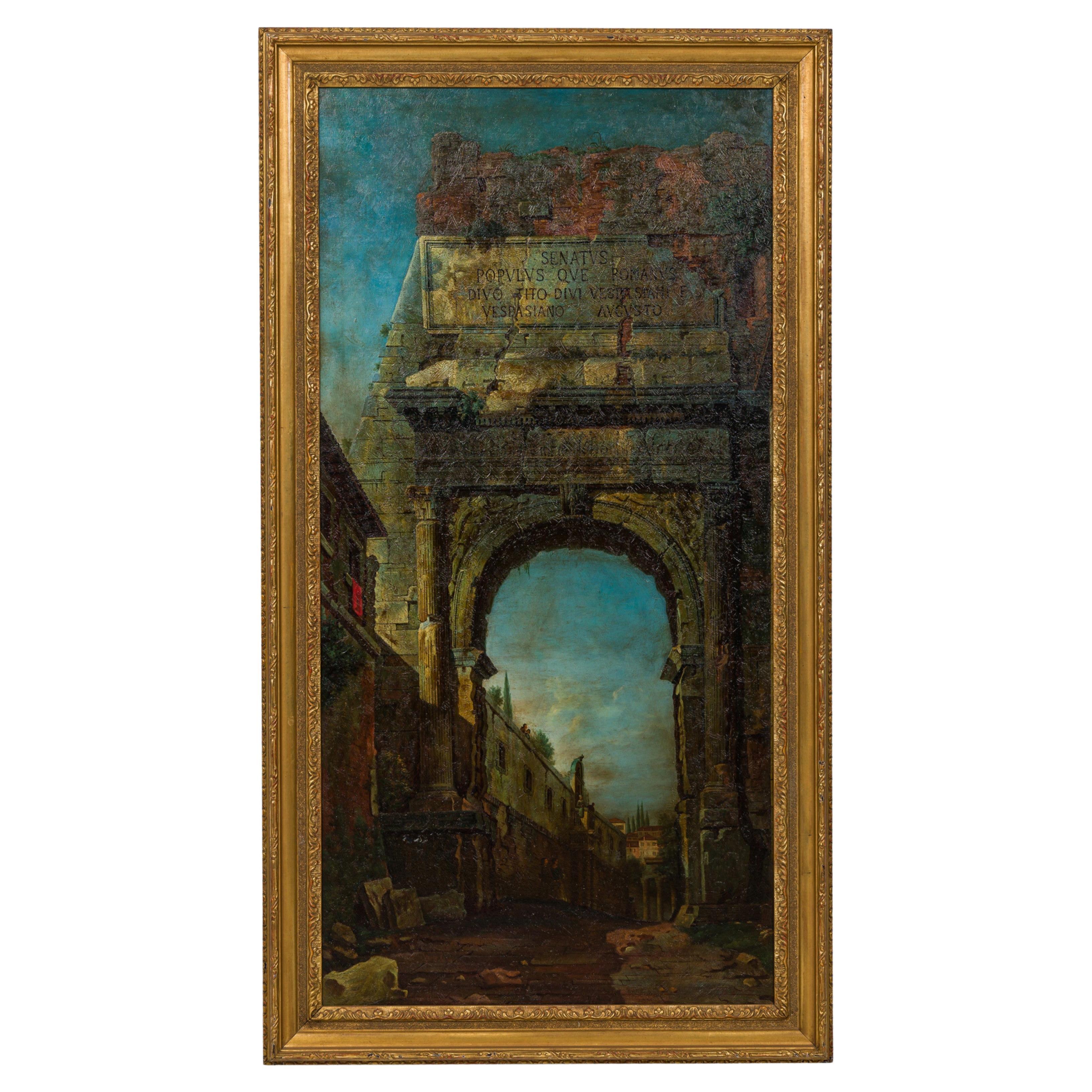 Italian Neo-Classic Landscape Oil Painting of Roman Arch, 20th Century
