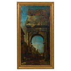 Italian Neo-Classic Landscape Oil Painting of Roman Arch, 20th Century