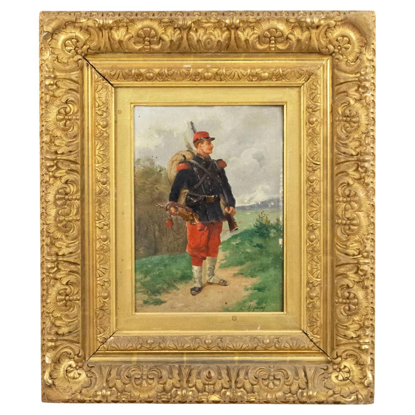 19. Jahrhundert Französisch viktorianischen Ölgemälde von Soldat mit Horn