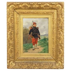 Peinture à l'huile victorienne du 19e siècle représentant un soldat avec un Horn