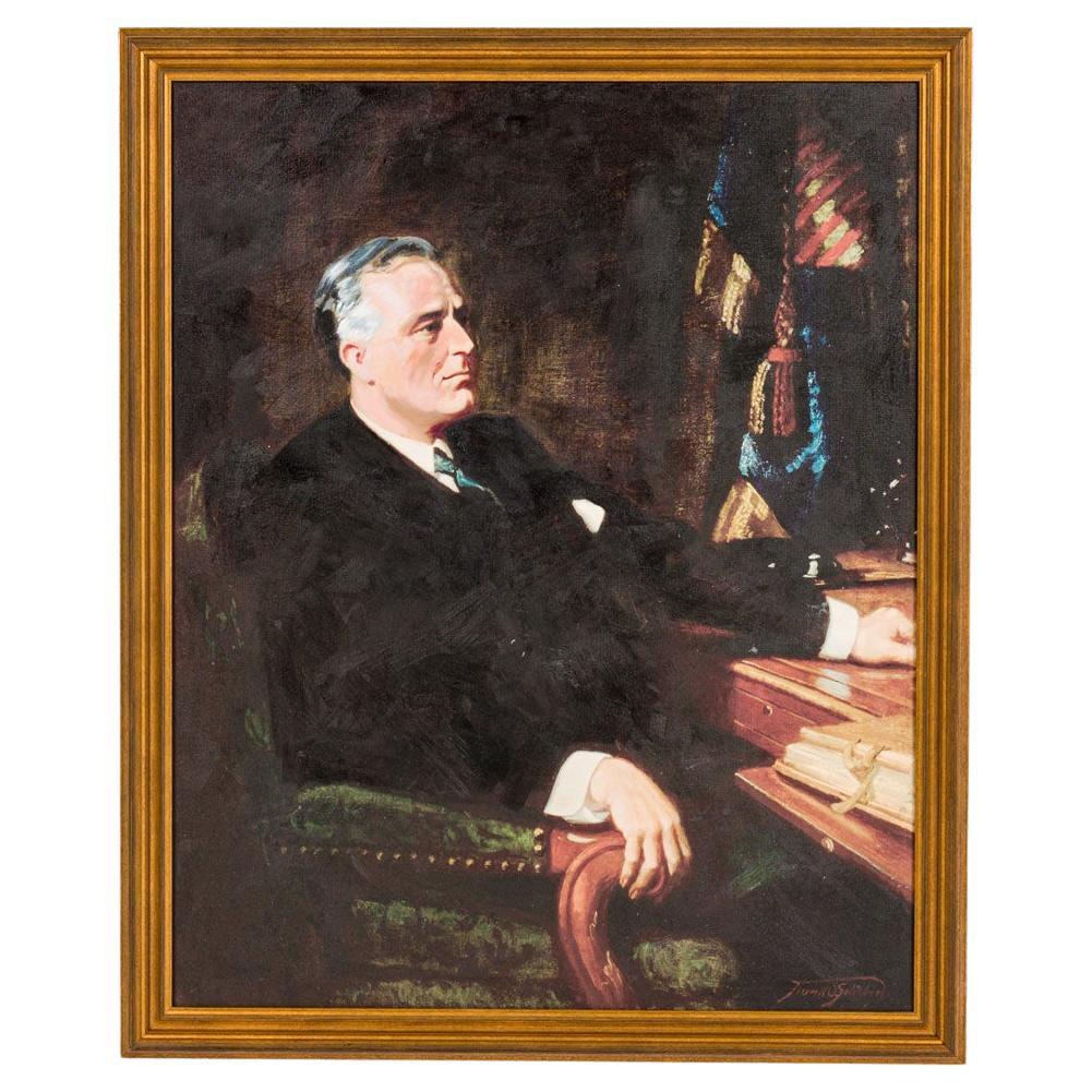 Art Deco Canvas Portrait of Franklin D. Roosevelt in Gilt Frame For Sale