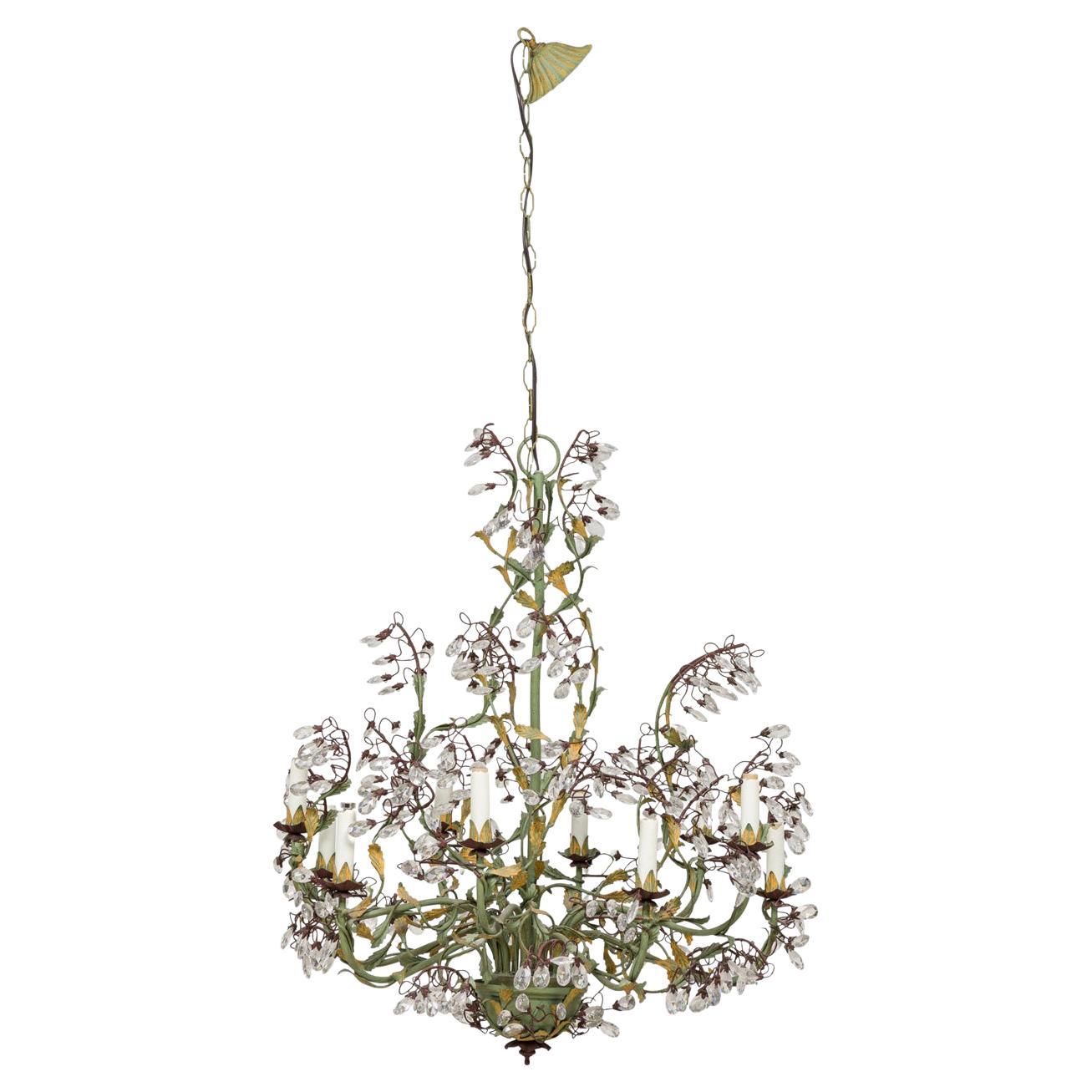 Italian Rococo Chandelier, Crystal & Green Arms, Mid-Century Italy