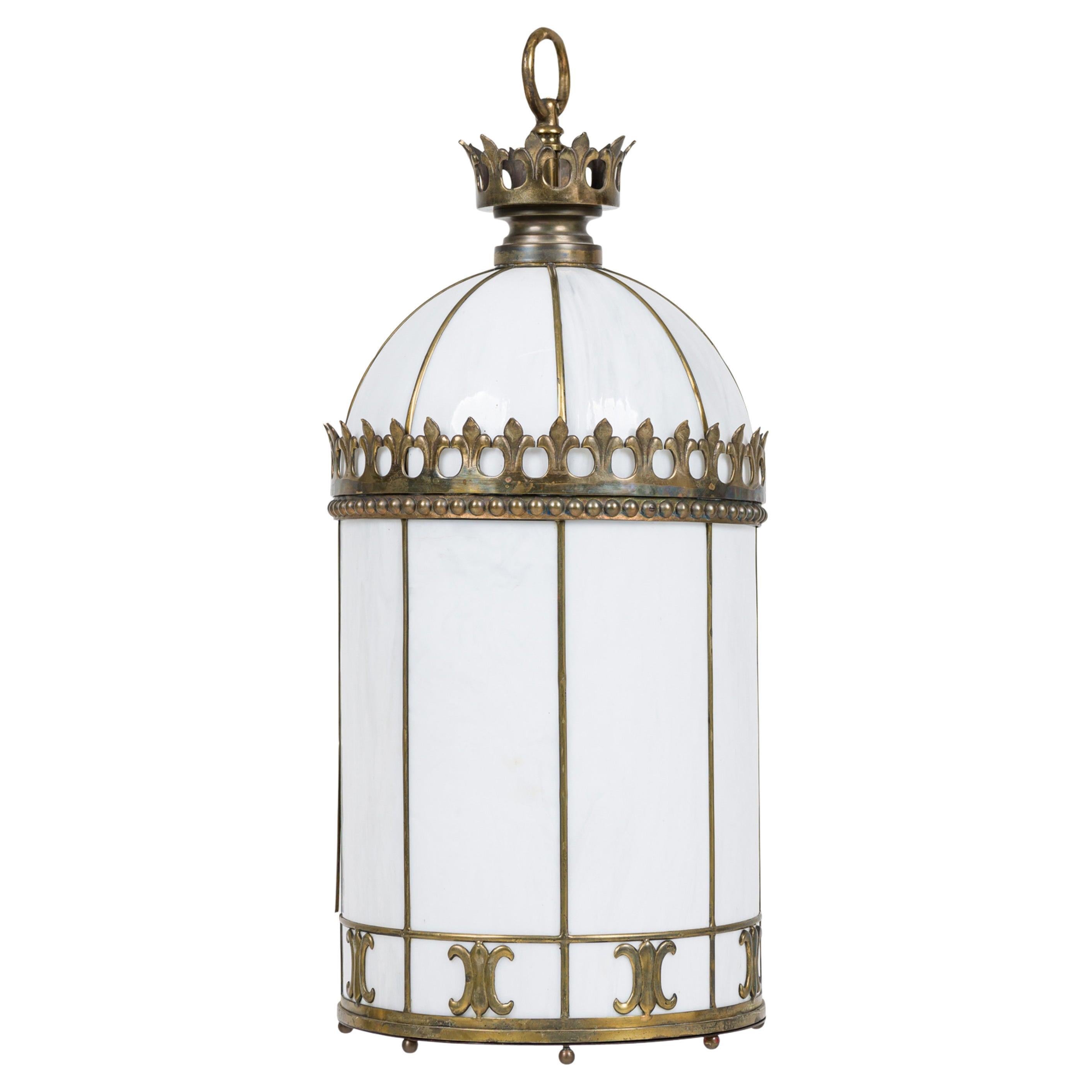 Mid-Century English Regency Octagonal Lantern in Brass & Art Glass For Sale