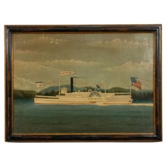 19th Century American Ebonized Oil Painting of Greyhound Paddle Boat