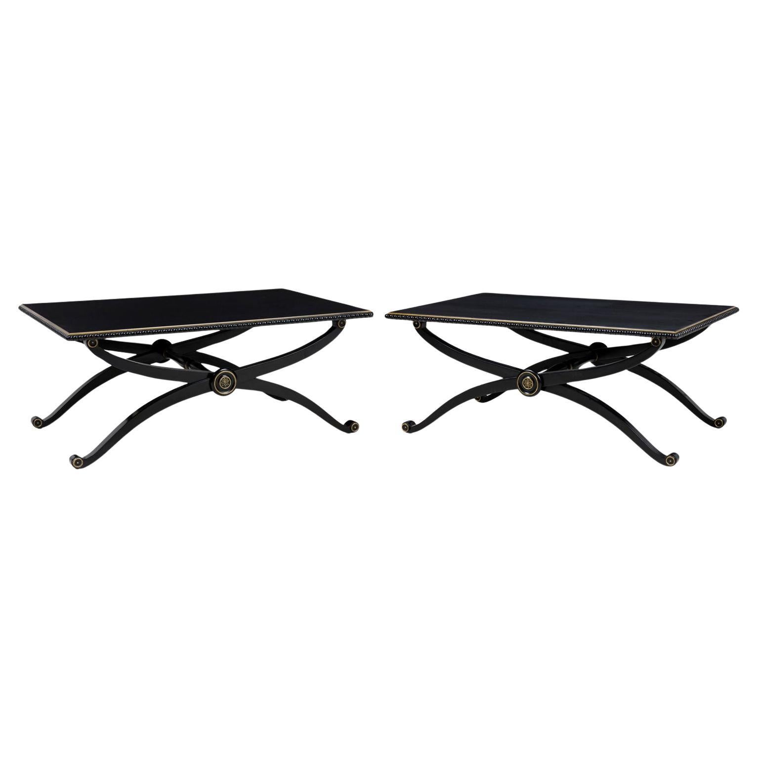 French Mid-Century Black Lacquer Cocktail Tables, X-Base, Gold Accents For Sale
