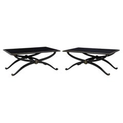 French Mid-Century Black Lacquer Cocktail Tables, X-Base, Gold Accents