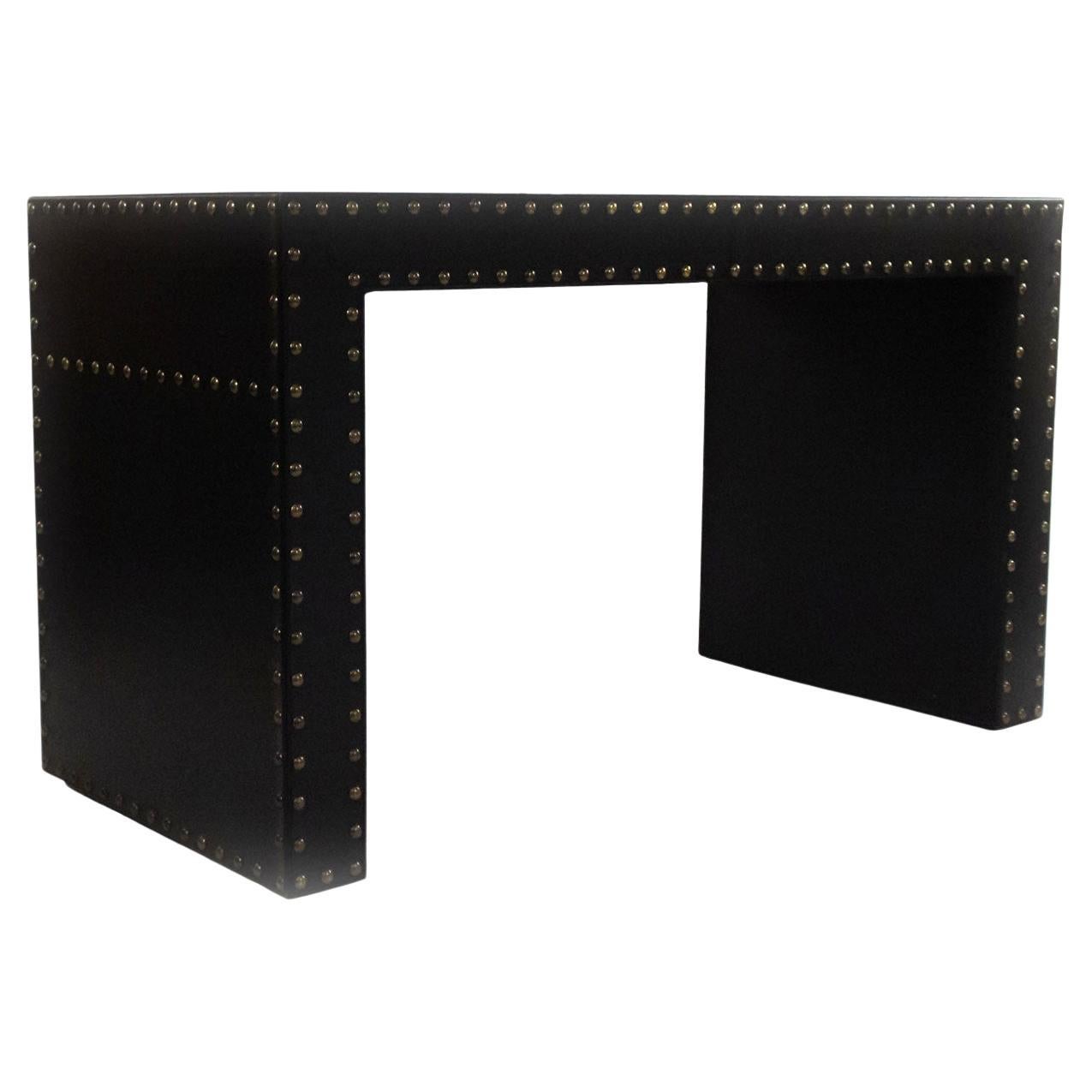 Contemporary Black Leather Desk with Brass Rivets, Modern Design, USA