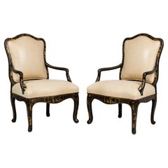 18th Century French Louis XV Black Lacquered Chinoiserie Armchairs