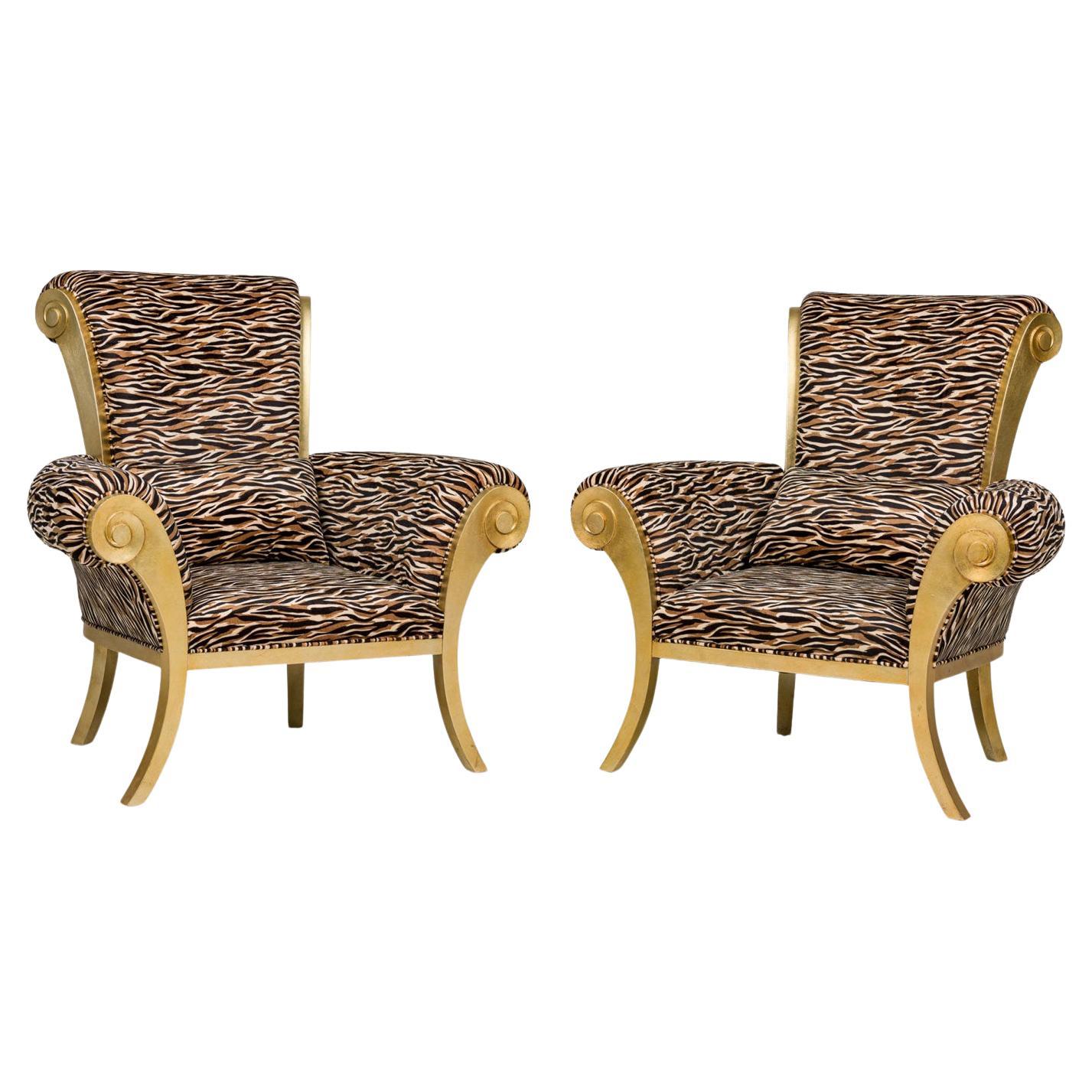Mid-Century Modern Zebra Print Armchairs with Gold Frames For Sale