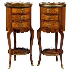 19th Century French Louis XVI Round Bedside Tables with Brass Inlay