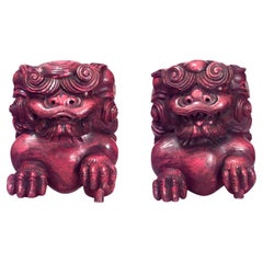 19th Century Antique Chinese Foo Dogs, Red Lacquered Carvings