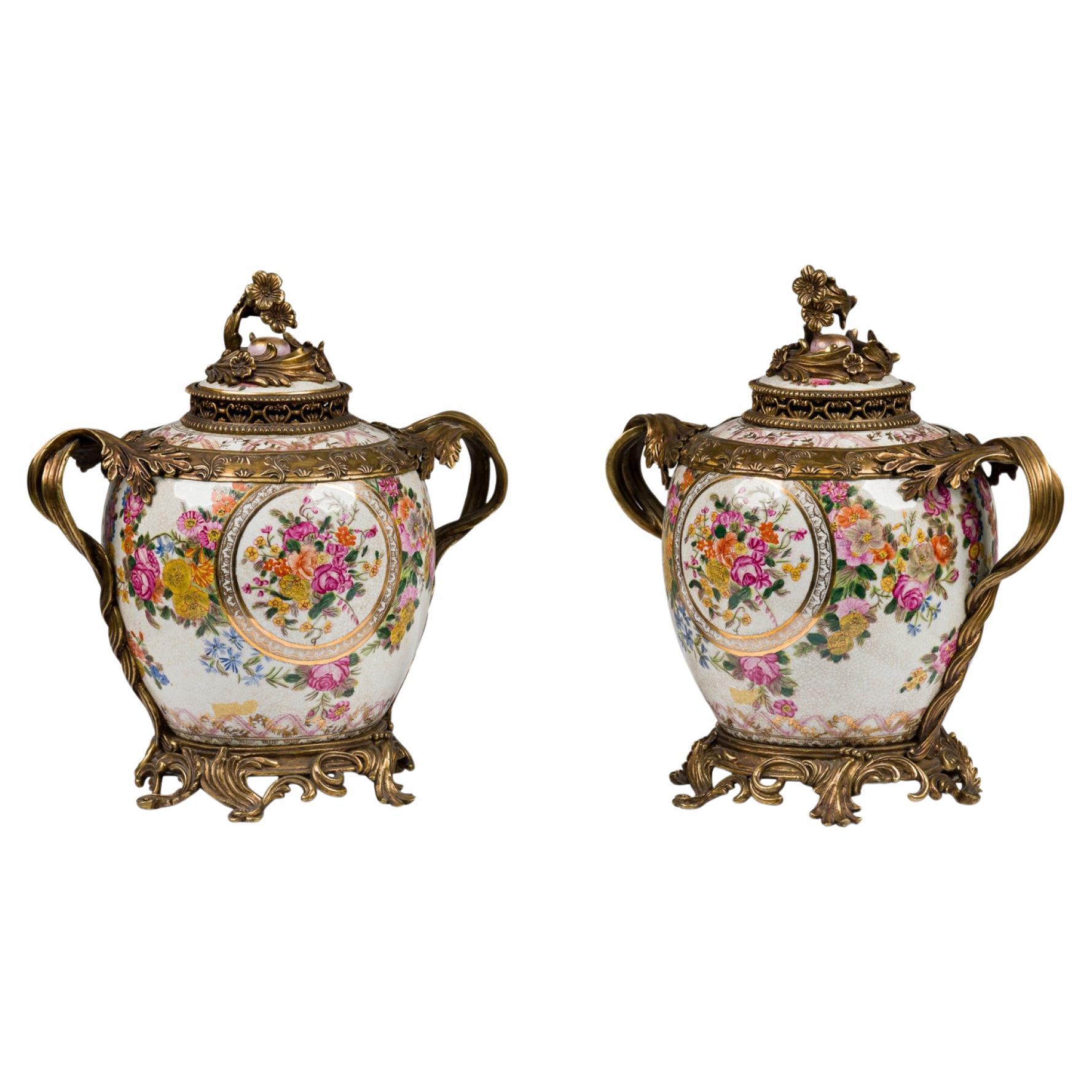 French Louis XV Style Porcelain Urns with Gilt Bronze Base, Pair