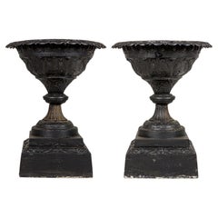 Urne da esterno vittoriane del XIX secolo in ghisa, con bordo smerlato, coppia