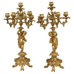 19th Century French Louis XV-Style Bronze Dore Candelabras with Cupids