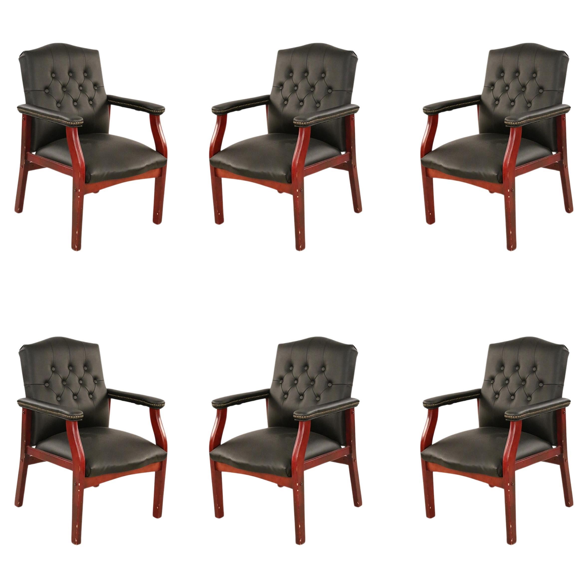 Set of 6 English Georgian-Style Black Tufted Leather Armchairs, UK For Sale
