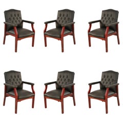 Set of 6 English Georgian-Style Black Tufted Leather Armchairs, UK