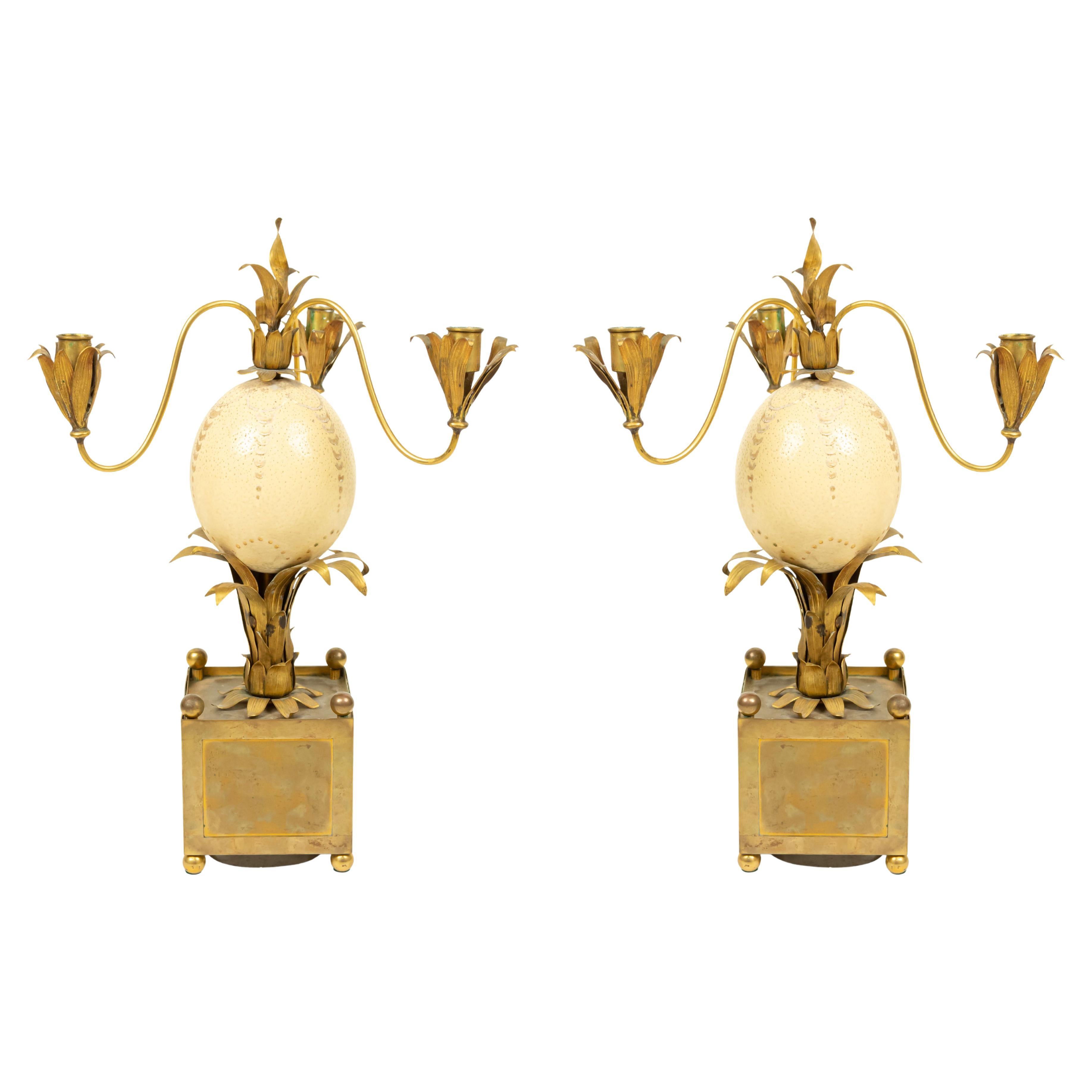 1940s French Brass Candelabras with Palm Design and Ostrich Eggs