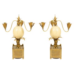 1940s French Brass Candelabras with Palm Design and Ostrich Eggs