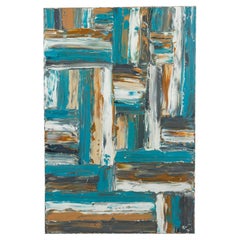 Zeitgenössisches abstraktes Ölgemälde auf Leinwand, blaues und ockerfarbenes Raster