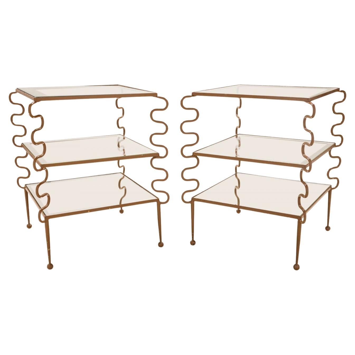 Pair of French Mid-Century Modern S-Curved Metal & Glass Side Tables